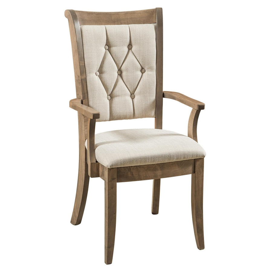 Weathered gray dining arm chair with diamond button-tufted cream upholstered back, padded seat and shaped arms