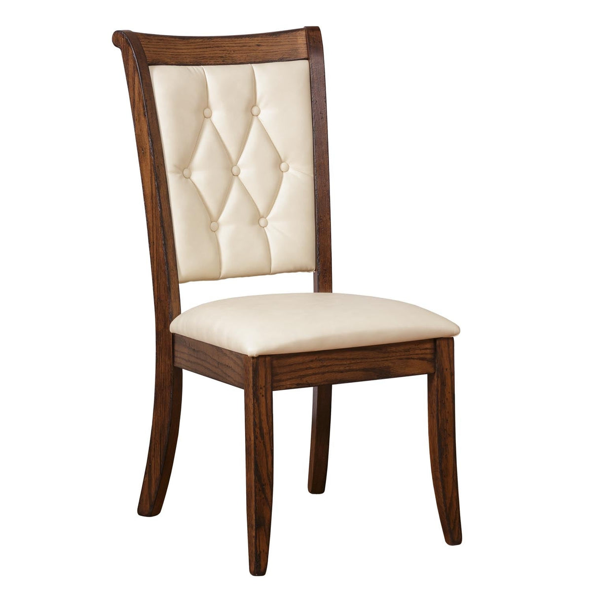 Oak dining chair with cream tufted faux leather back panel, upholstered seat and gently flared rear legs
