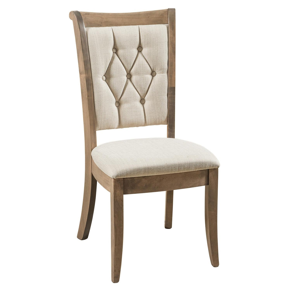 Driftwood gray dining side chair with button-tufted linen back, cushioned seat and tapered legs on white