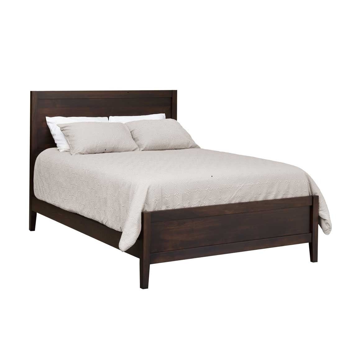Dark espresso panel bed with a horizontal plank headboard, low footboard and cream bedding on white