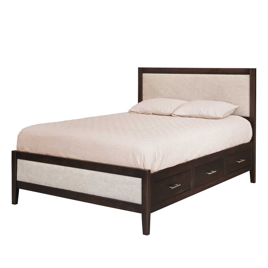 Espresso storage bed with cream upholstered headboard and footboard panels above three under-bed drawers