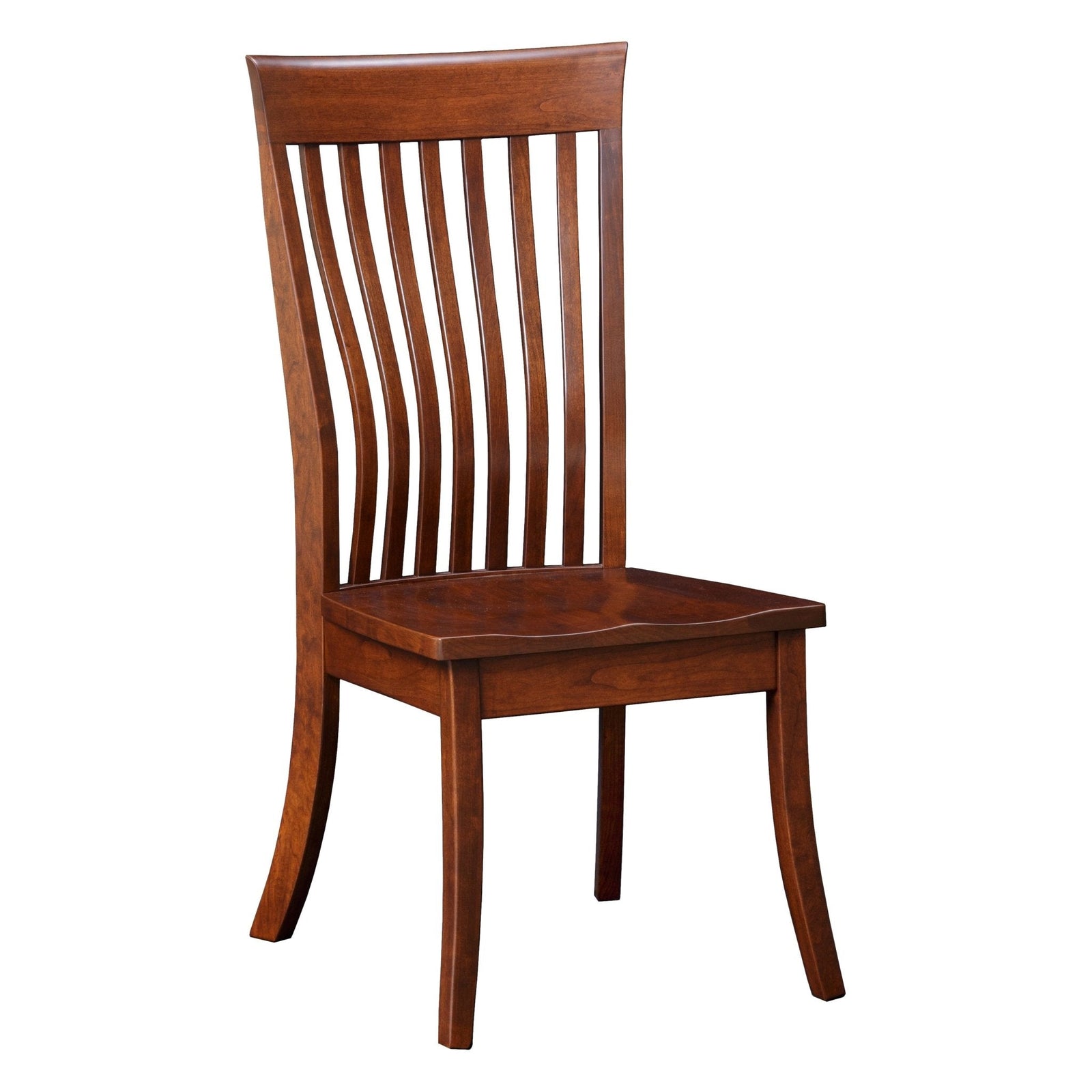 Lumbar dining chairs with curved vertical slats and wood seats at a cherry finished pedestal dining table