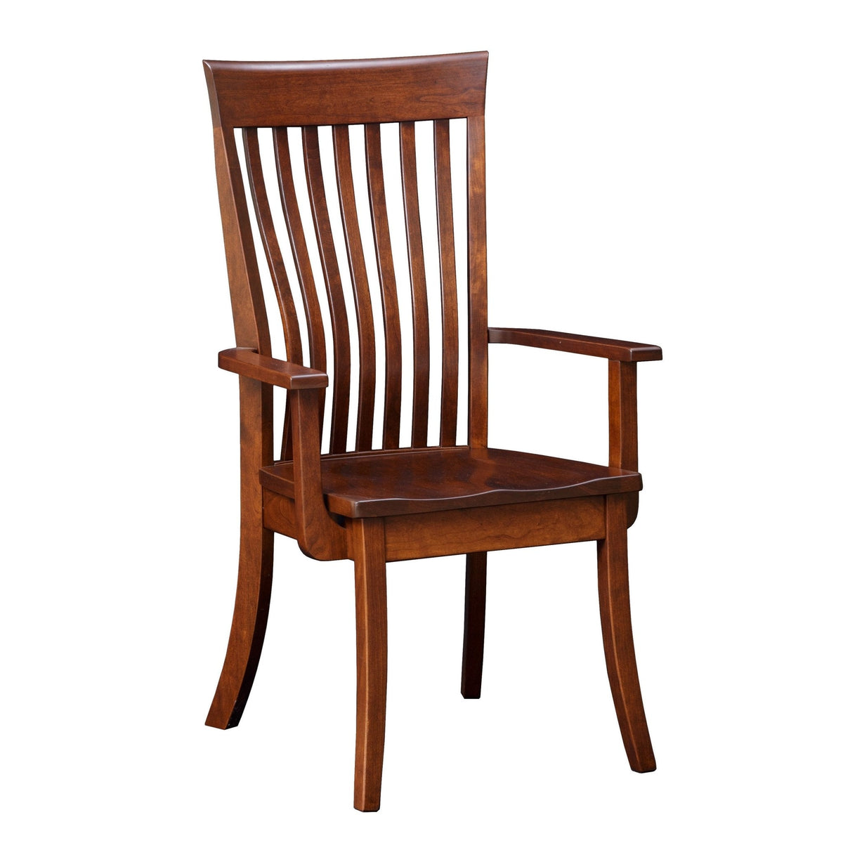 Lumbar dining arm chair in cherry finish with curved back slats, flat shaped arms and saddle wood seat