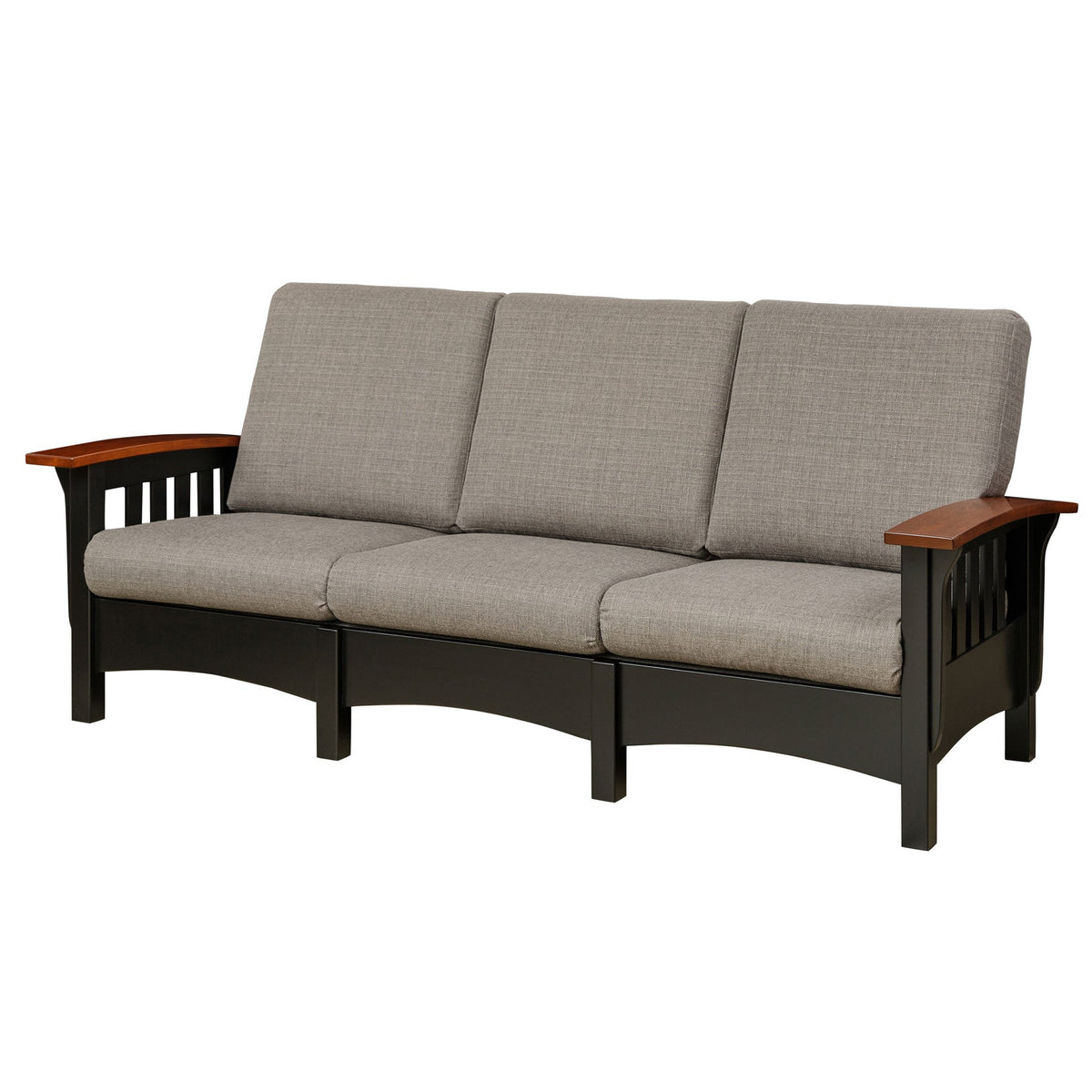 Black painted mission sofa with warm cherry arm caps, gray tweed cushions, slat sides and arched front rail