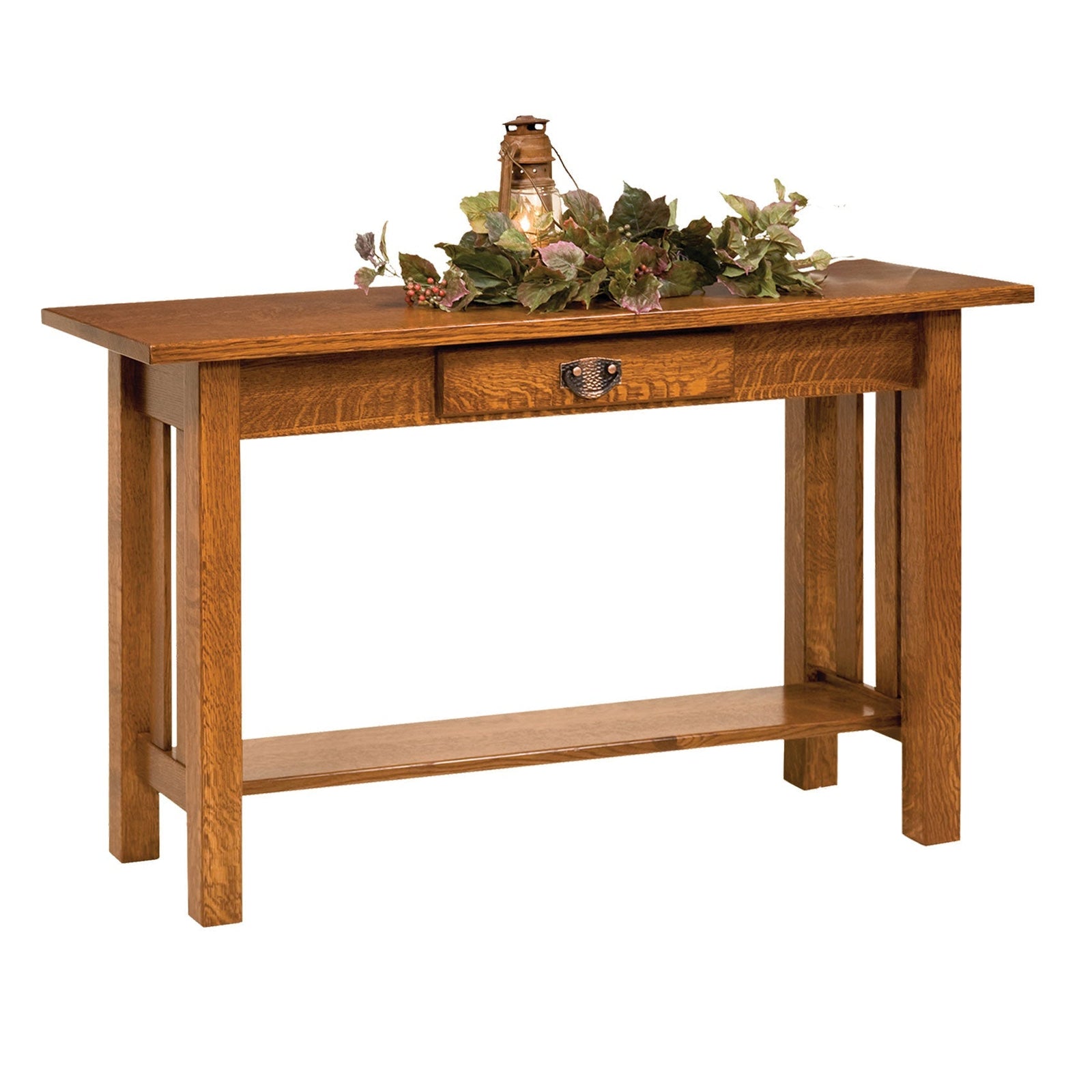 Mission oak coffee table and console table in a warm living room with a damask loveseat and lantern decor
