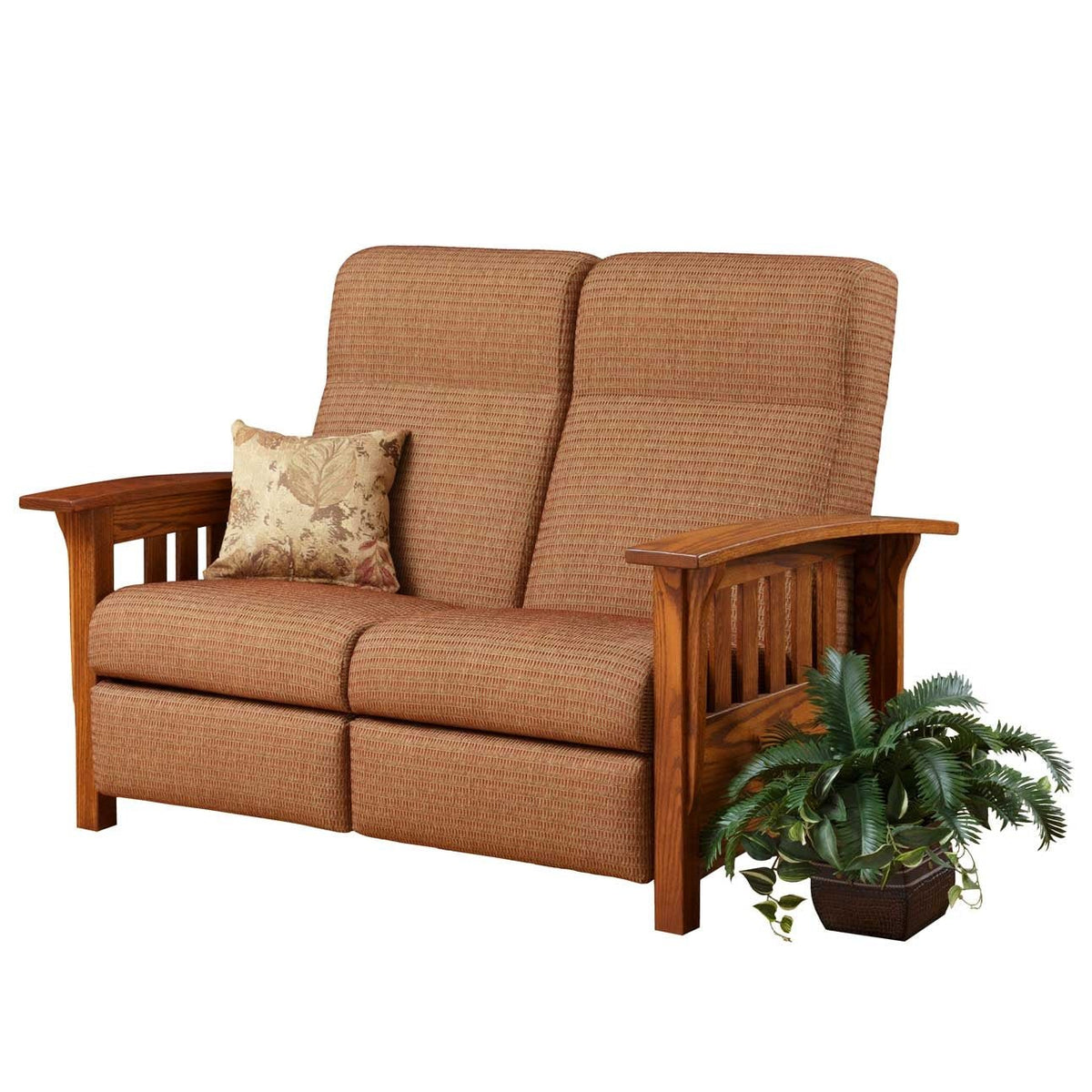 Mission reclining loveseat in rust textured fabric with oak slat sides, curved arms and an accent pillow