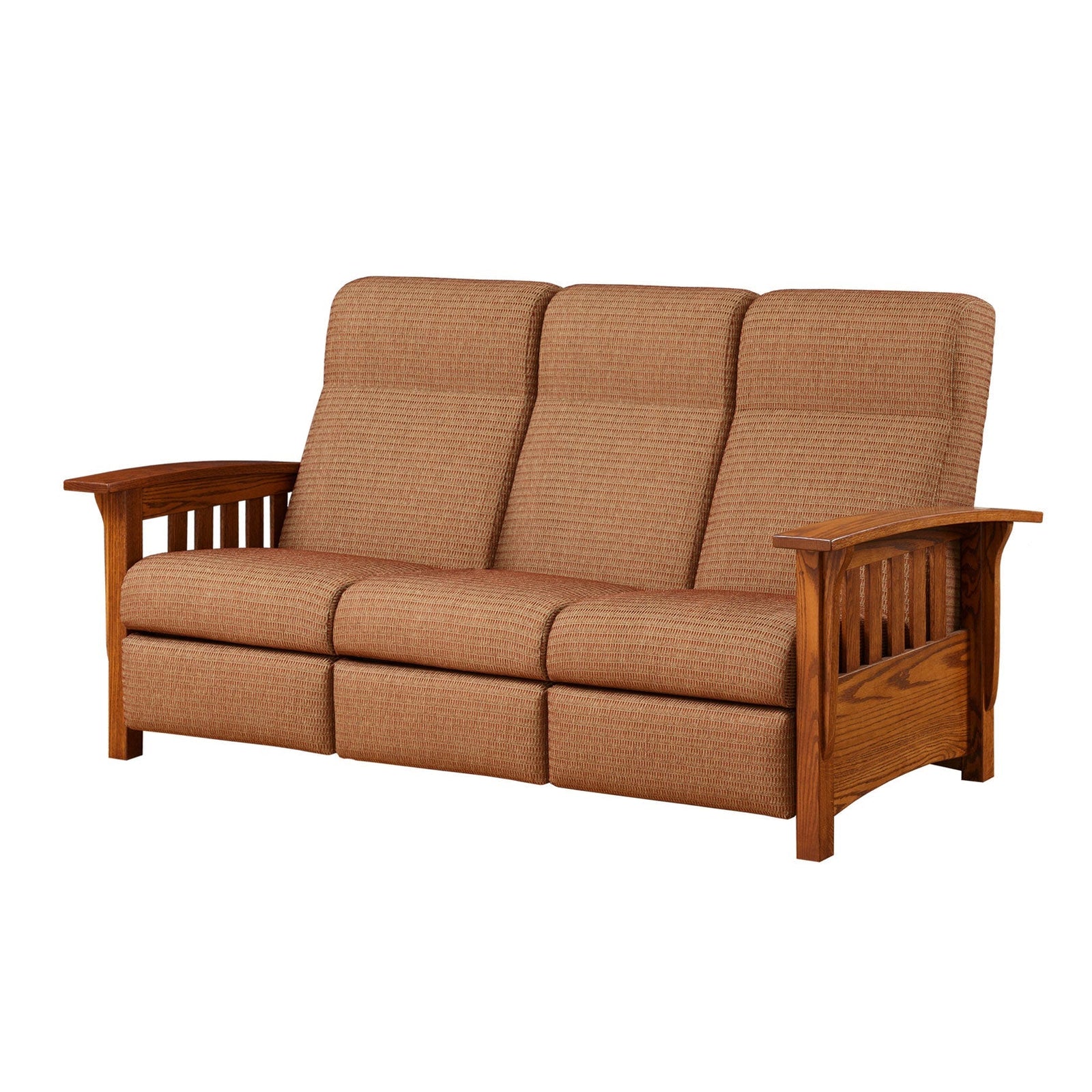Reclining mission sofa in oatmeal tweed with footrest extended between two slatted oak occasional tables