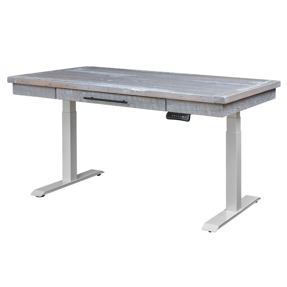 Whitewashed reclaimed wood standing desk with weathered gray plank top, drawer and white adjustable legs