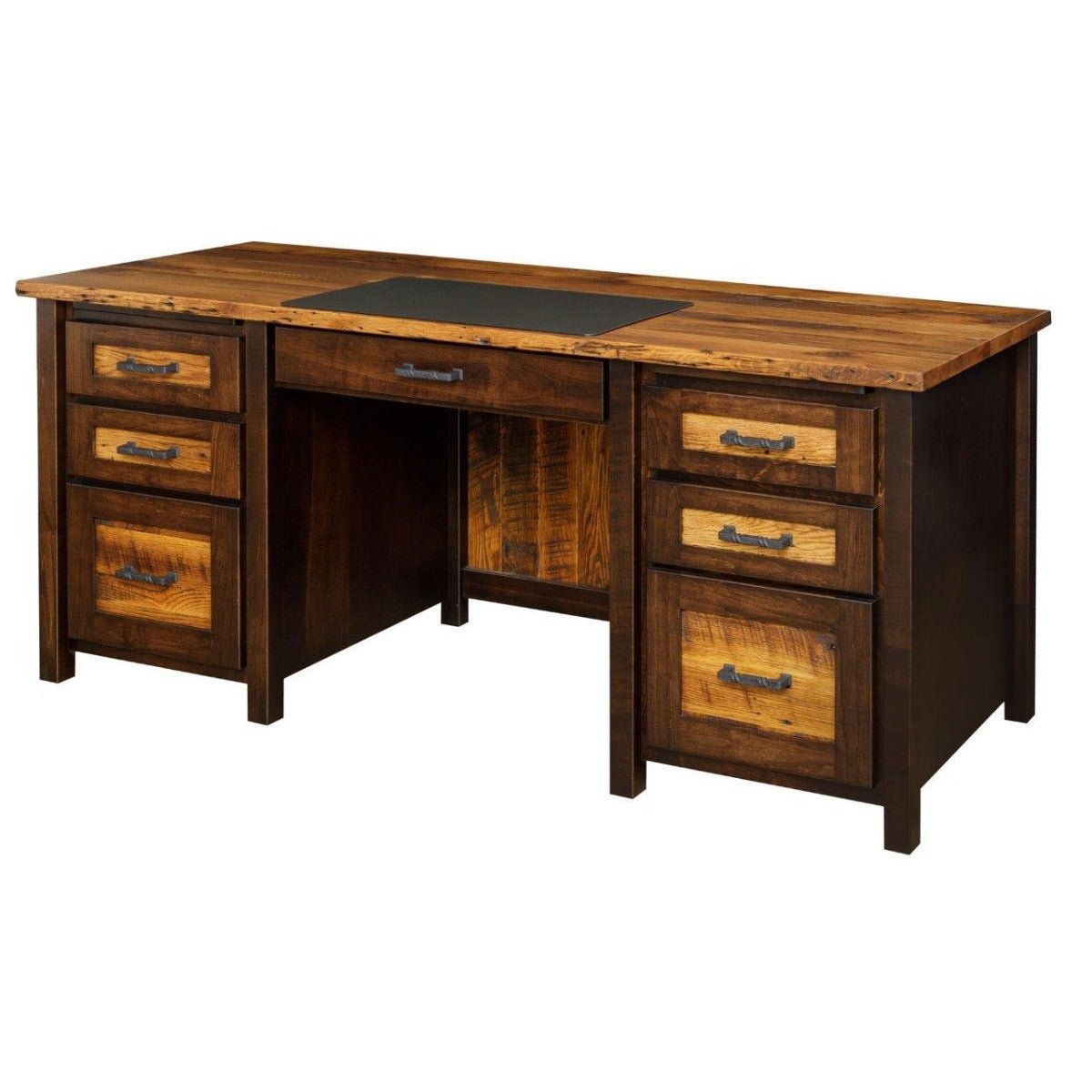 Amish Clymer Farmhouse Reclaimed Wood Double Pedestal Desk shown in the home office of a traditional colonial home