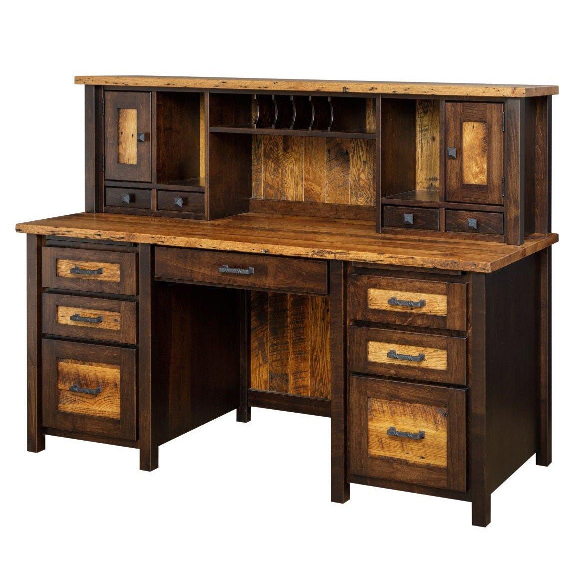 Reclaimed wood double pedestal hutch desk with six drawers, letter slots and small drawers against white brick