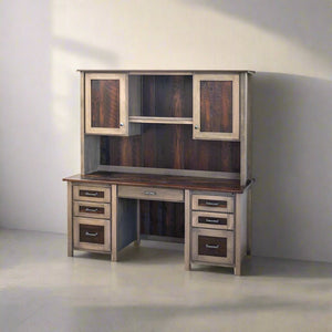 Two-tone gray and barnwood pedestal desk with a large hutch, two paneled doors, shelf and six drawers