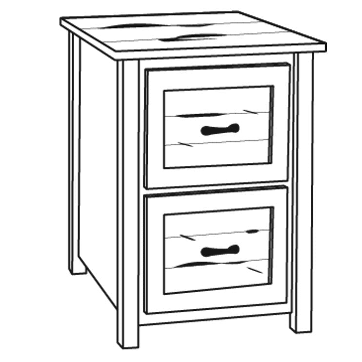 Line drawing of the two drawer reclaimed wood file cabinet with framed panels, bar pulls and square legs