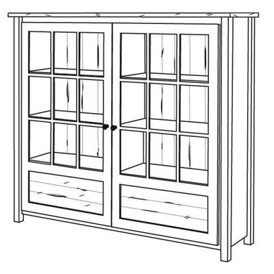 Line drawing of the large reclaimed wood bookcase with two nine-pane glass doors, three shelves and drawers