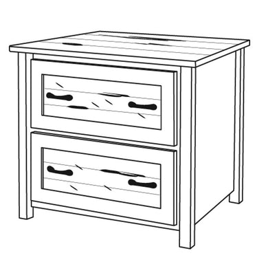 Line drawing of the two drawer lateral file cabinet in reclaimed wood with plank top and four bar pulls
