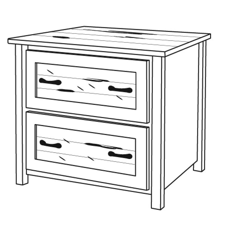 Line drawing of the two drawer lateral file cabinet in reclaimed wood with plank top and four bar pulls