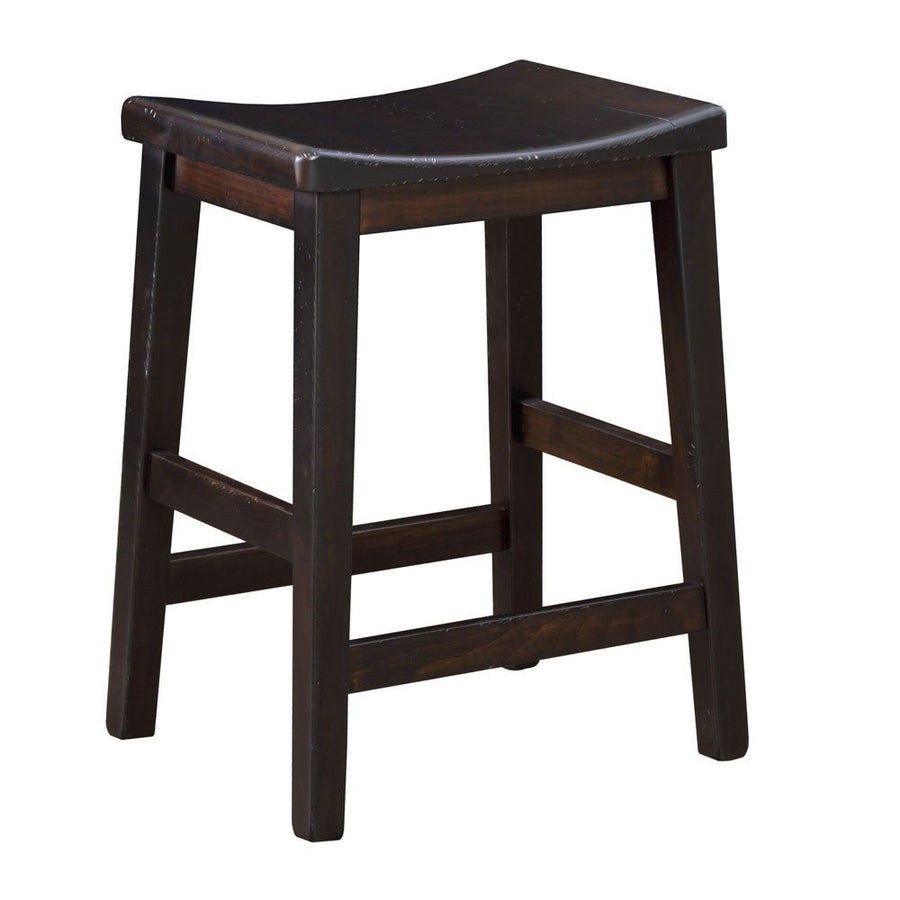 Espresso finished saddle stool viewed at an angle, showing contoured seat, tapered legs and footrest rungs