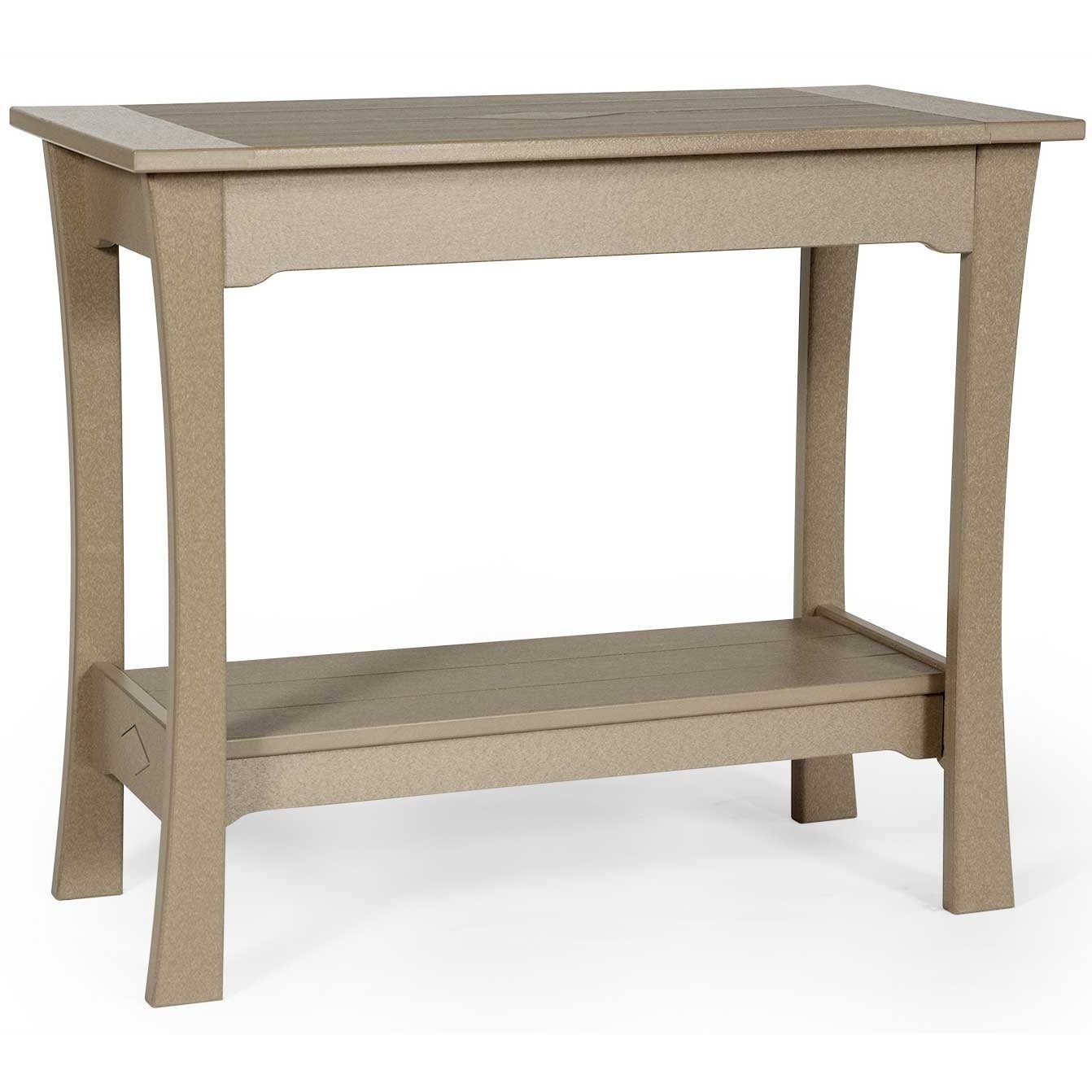 Black poly patio bar serving table with a rectangular top and lower shelf holding snacks and drinks