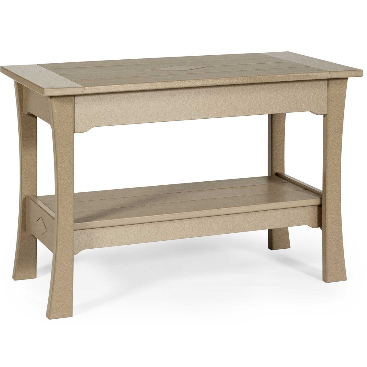 Beige poly dining height serving table with a slatted top, curved legs and a wide lower shelf