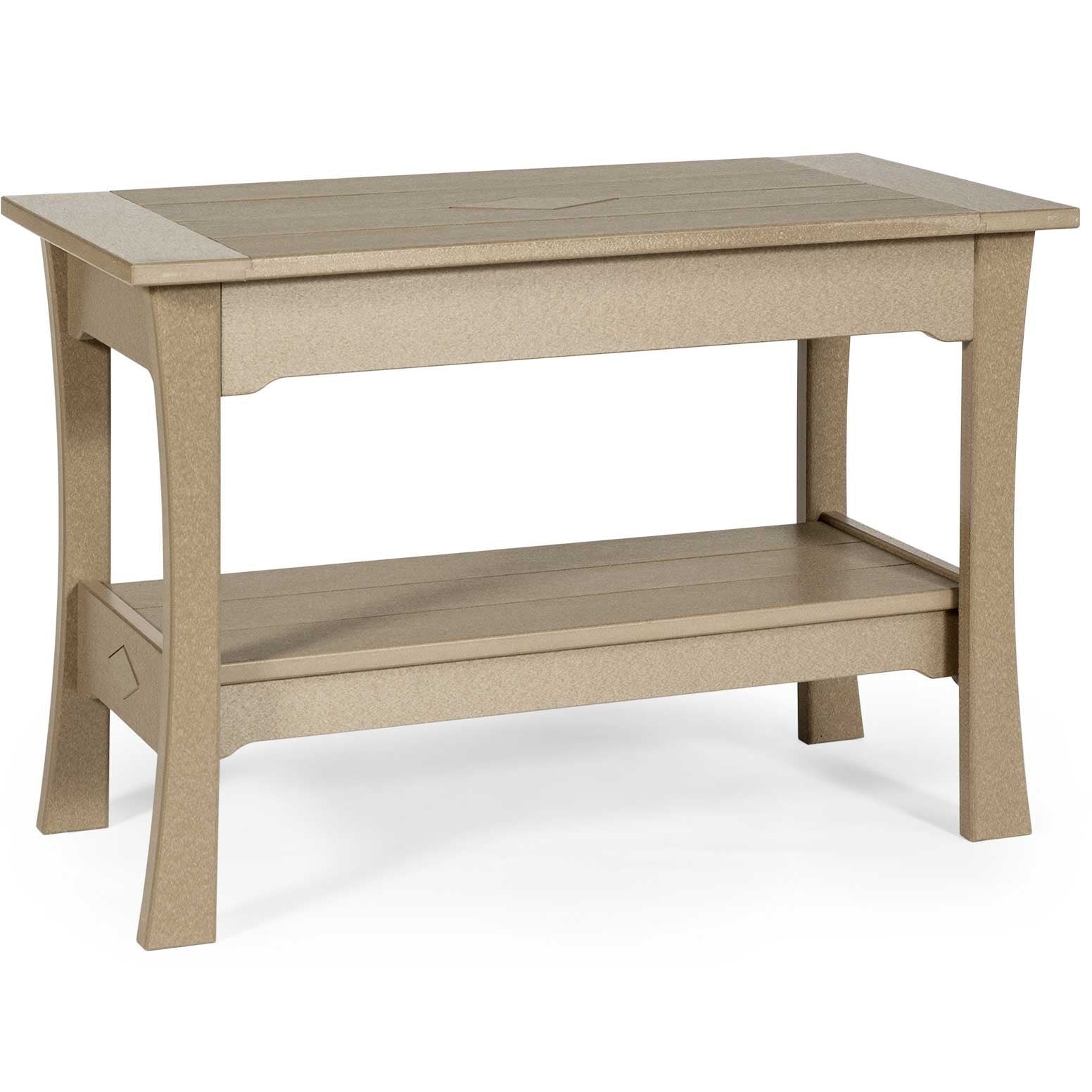 Beige poly dining height serving table with a slatted top, curved legs and a wide lower shelf