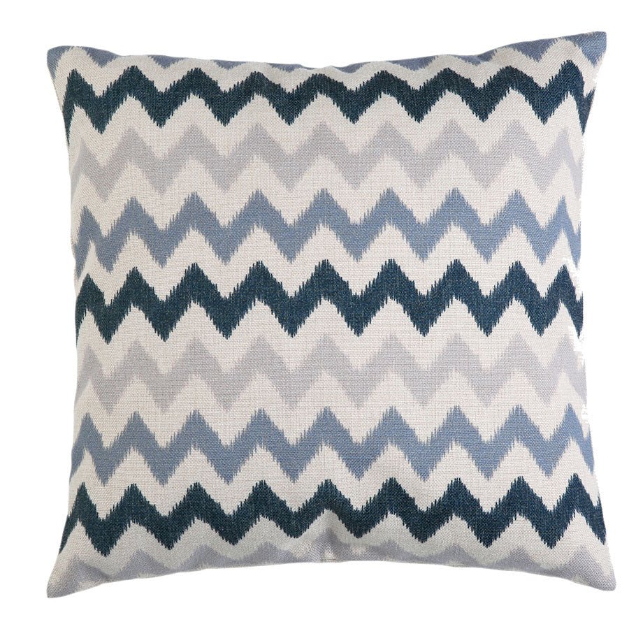 Square outdoor throw pillow with a navy, gray and cream chevron zigzag pattern in woven fabric
