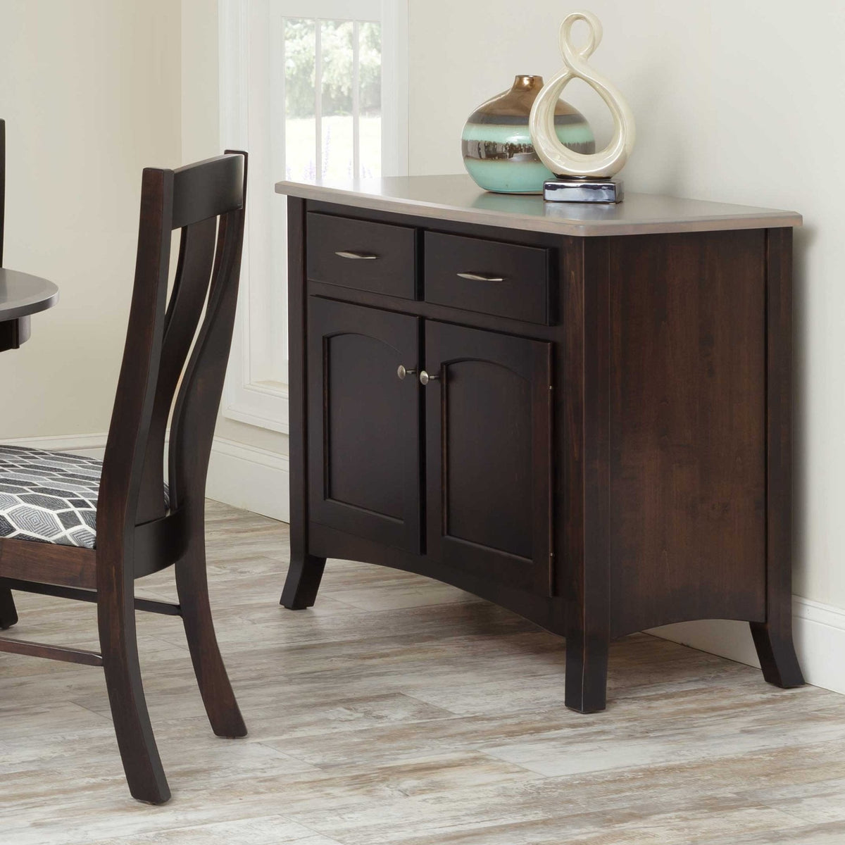Two-door dining sideboard buffet in dark espresso with a gray driftwood top, two drawers and arched panel doors