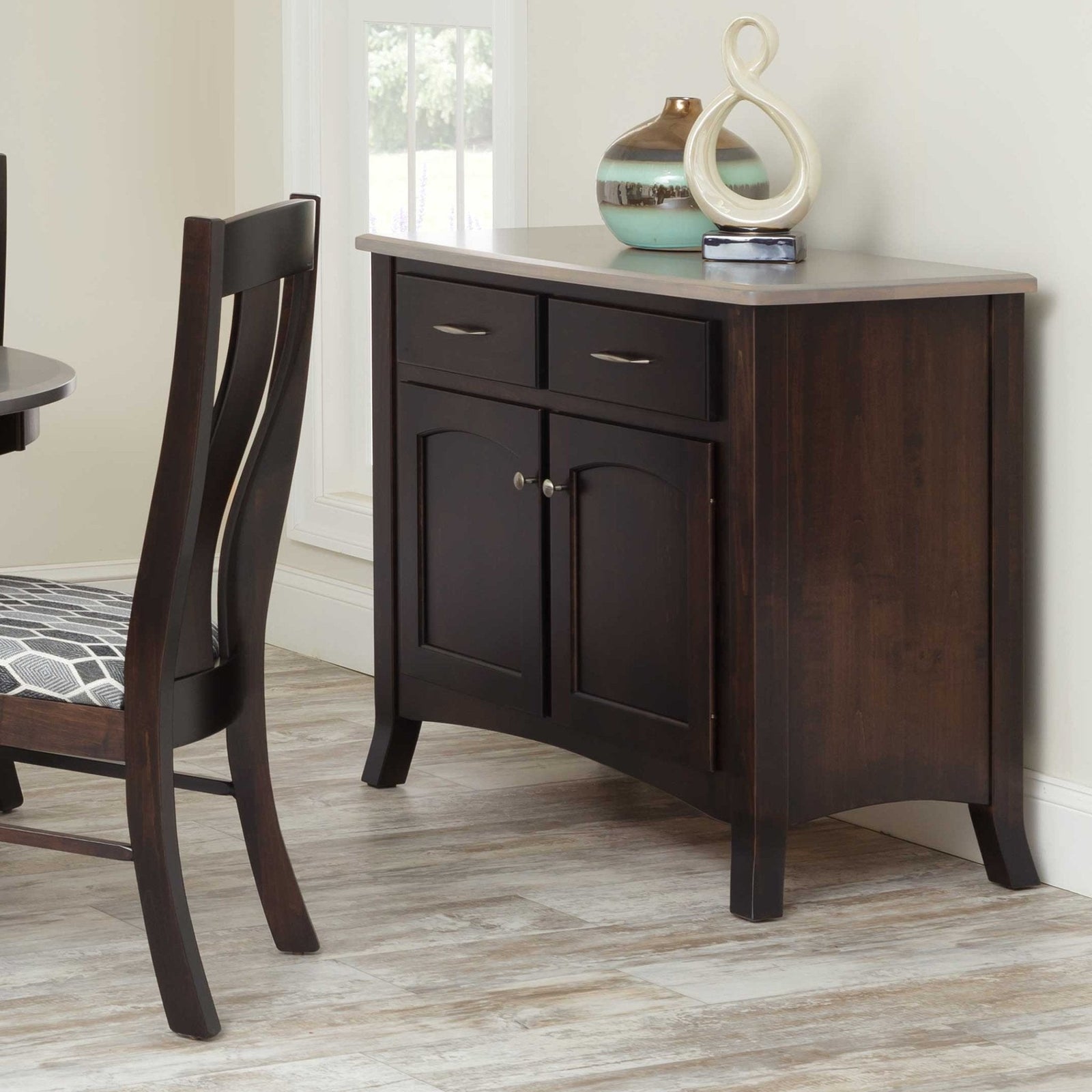 Two-door dining sideboard buffet in dark espresso with a gray driftwood top, two drawers and arched panel doors