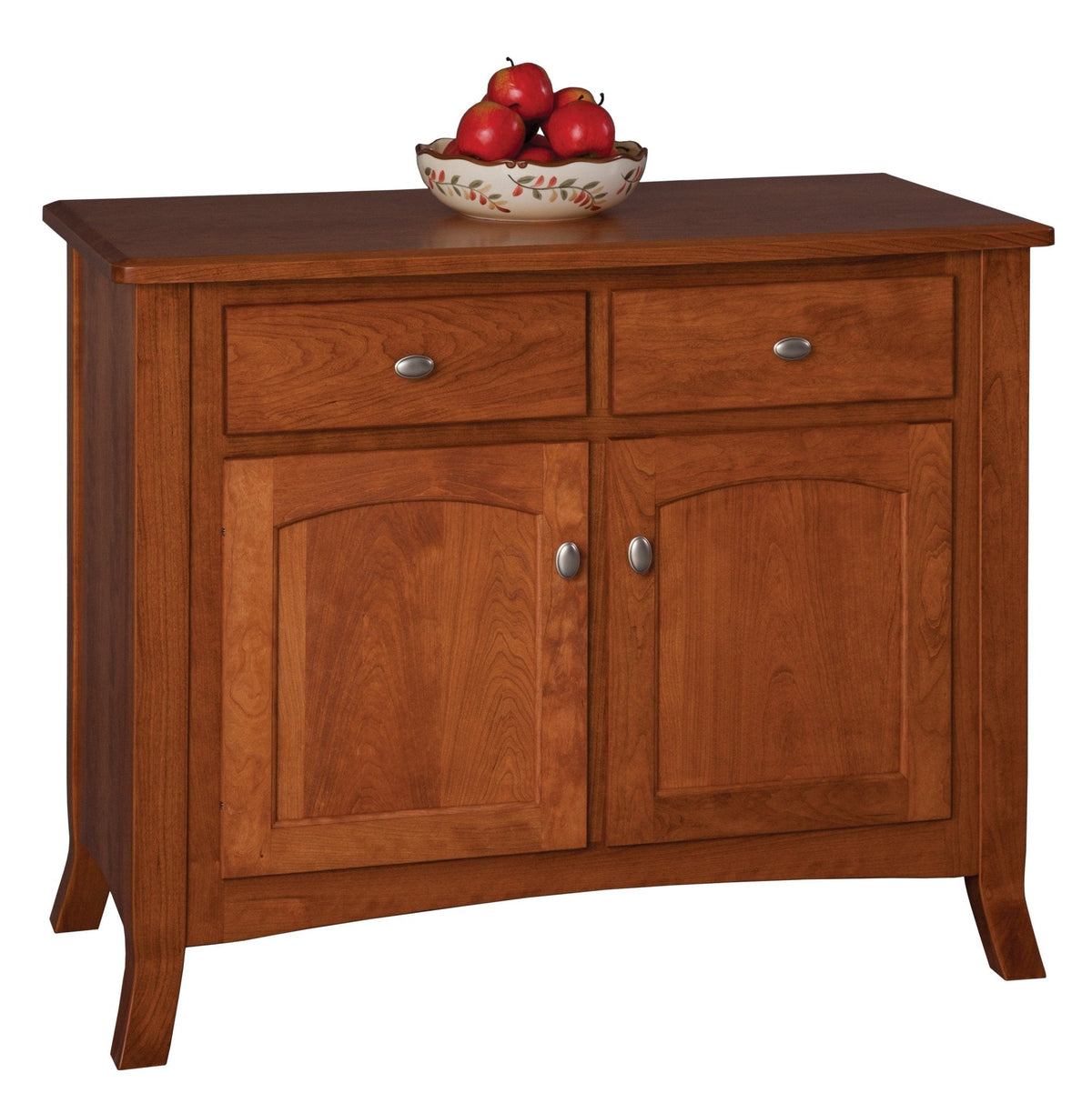 Cherry two-door dining sideboard with two drawers, arched raised panel doors and softly flared corner legs