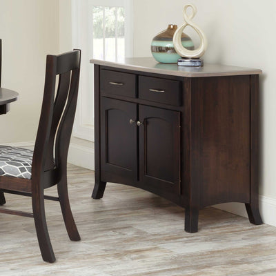 Two-door dining sideboard buffet in dark espresso with a gray driftwood top, two drawers and arched panel doors