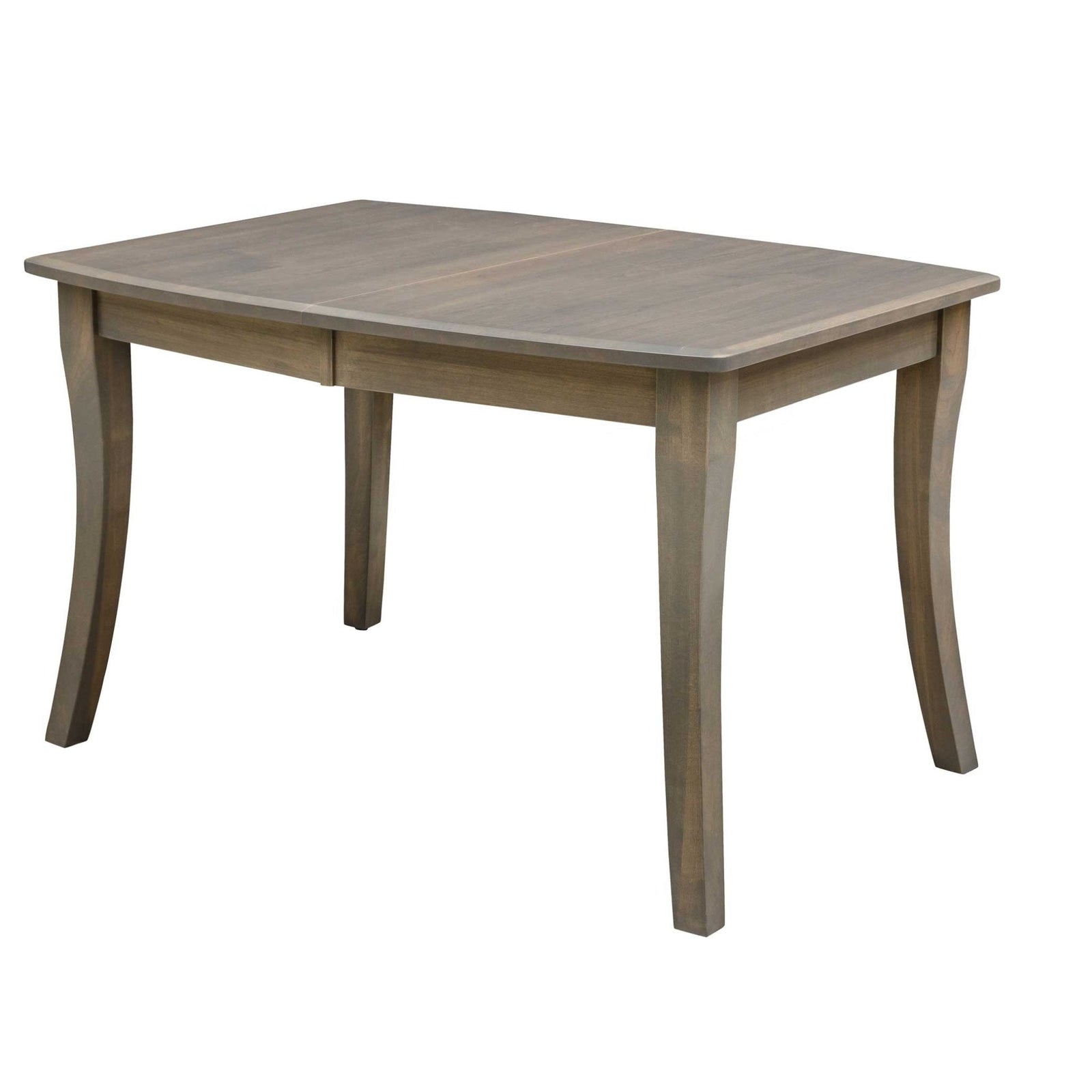 Gray stained rectangular dining table with six slat back chairs, matching sideboard and a chandelier above