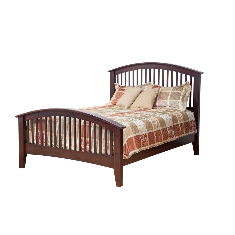 Espresso finished spindle bed with arched slatted headboard and footboard on a white background
