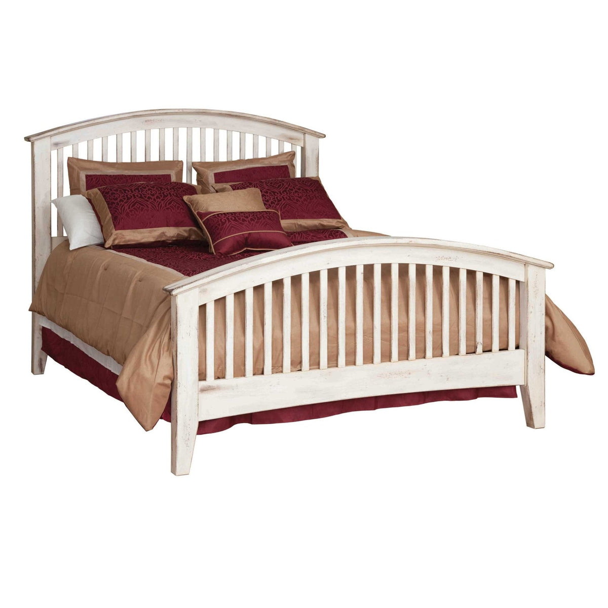 Distressed white arched spindle bed with slatted headboard and footboard, layered with tan and burgundy bedding