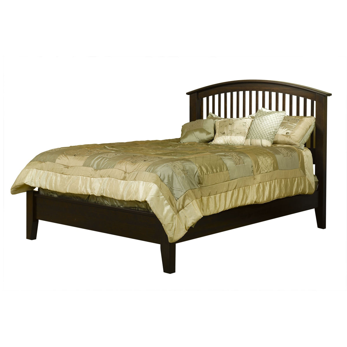 Dark espresso spindle headboard bed with a low footboard rail and gold-green satin bedding