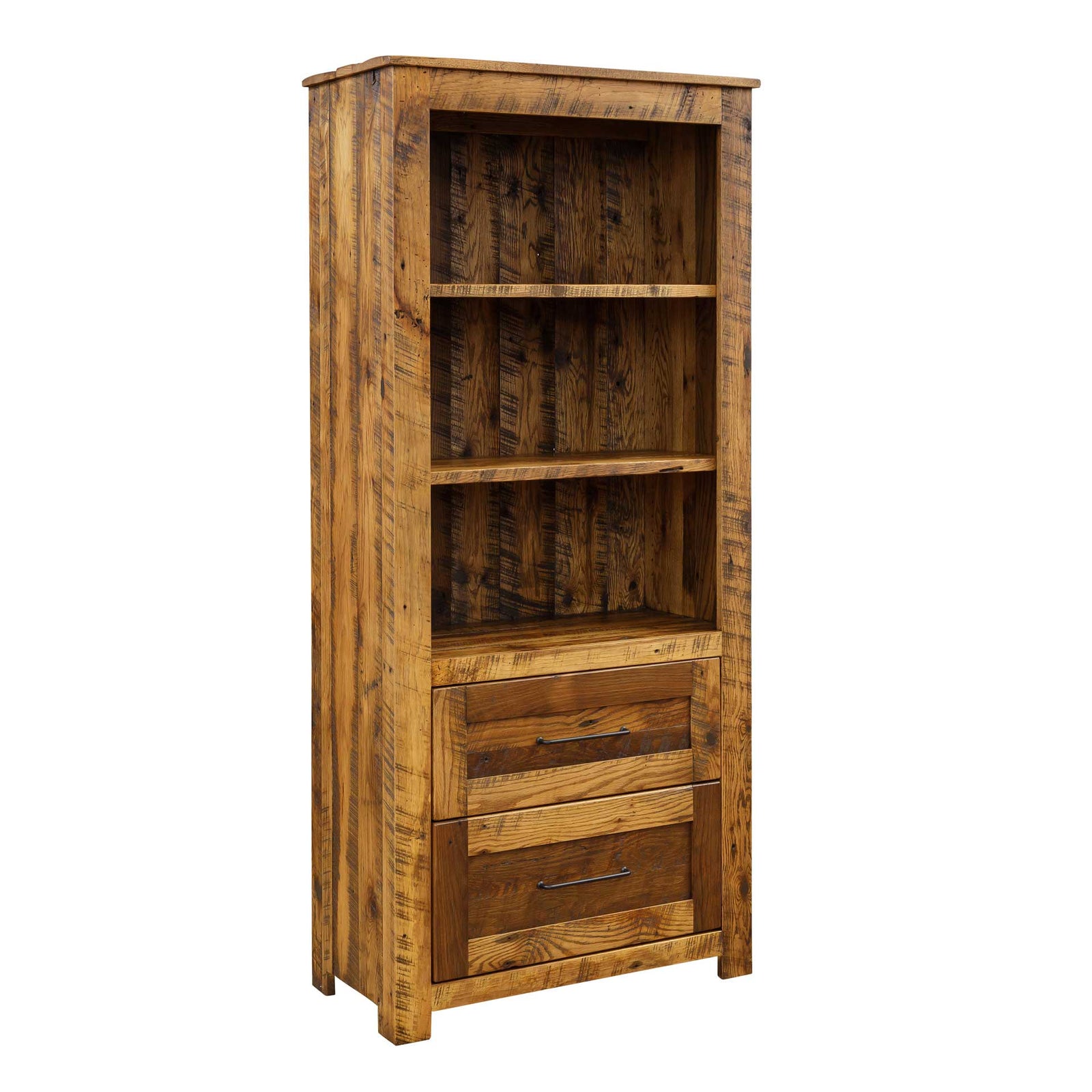 Reclaimed wood bookcase with two file drawers styled with books and plants beside a black-base standing desk and large wall clock