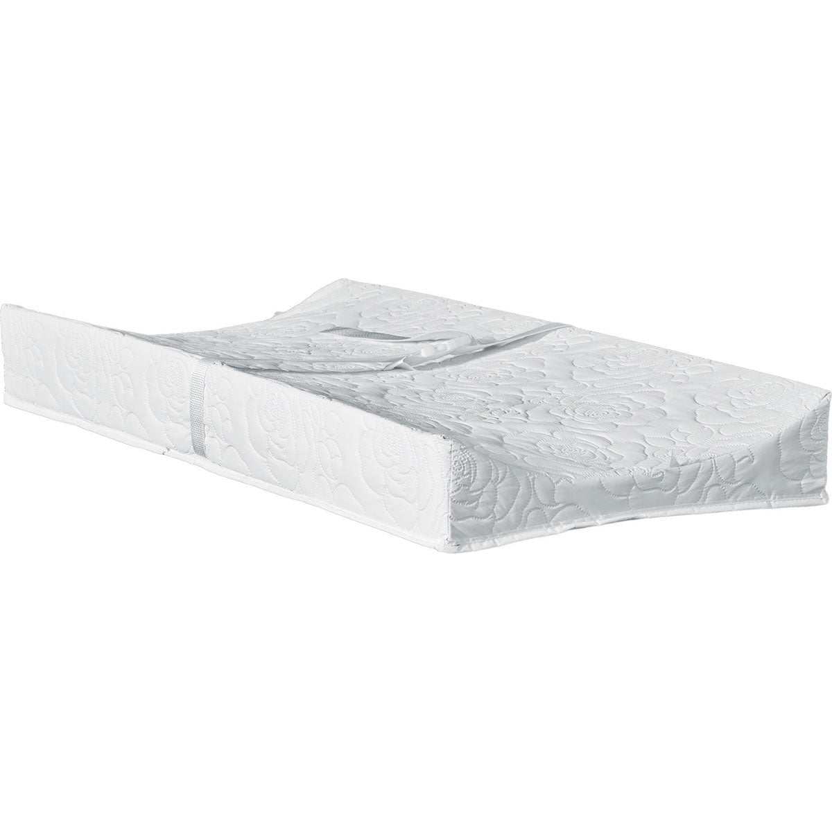 Contoured white changing pad with raised sides and a safety strap over a quilted damask cover