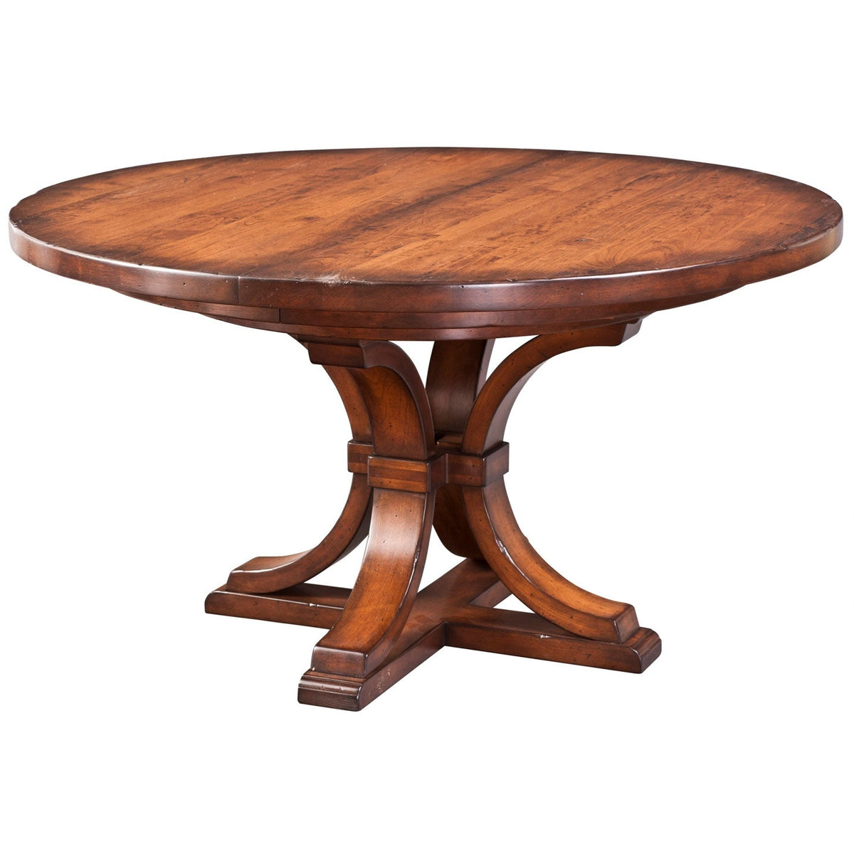 Round expandable pedestal dining table in cherry with a curved arch pedestal base and cross foot