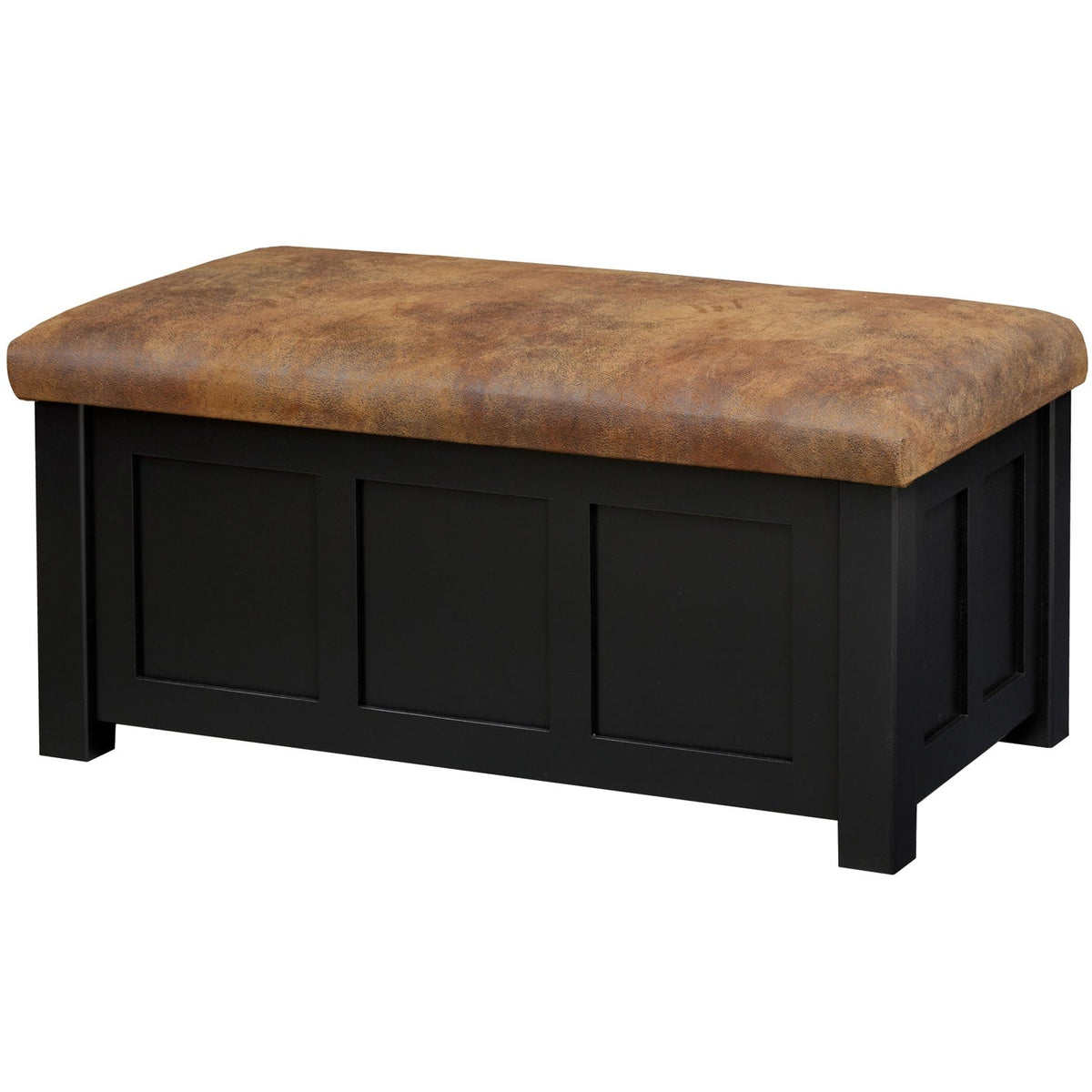 Black painted storage ottoman with recessed panel sides and a distressed brown leather padded lid on white