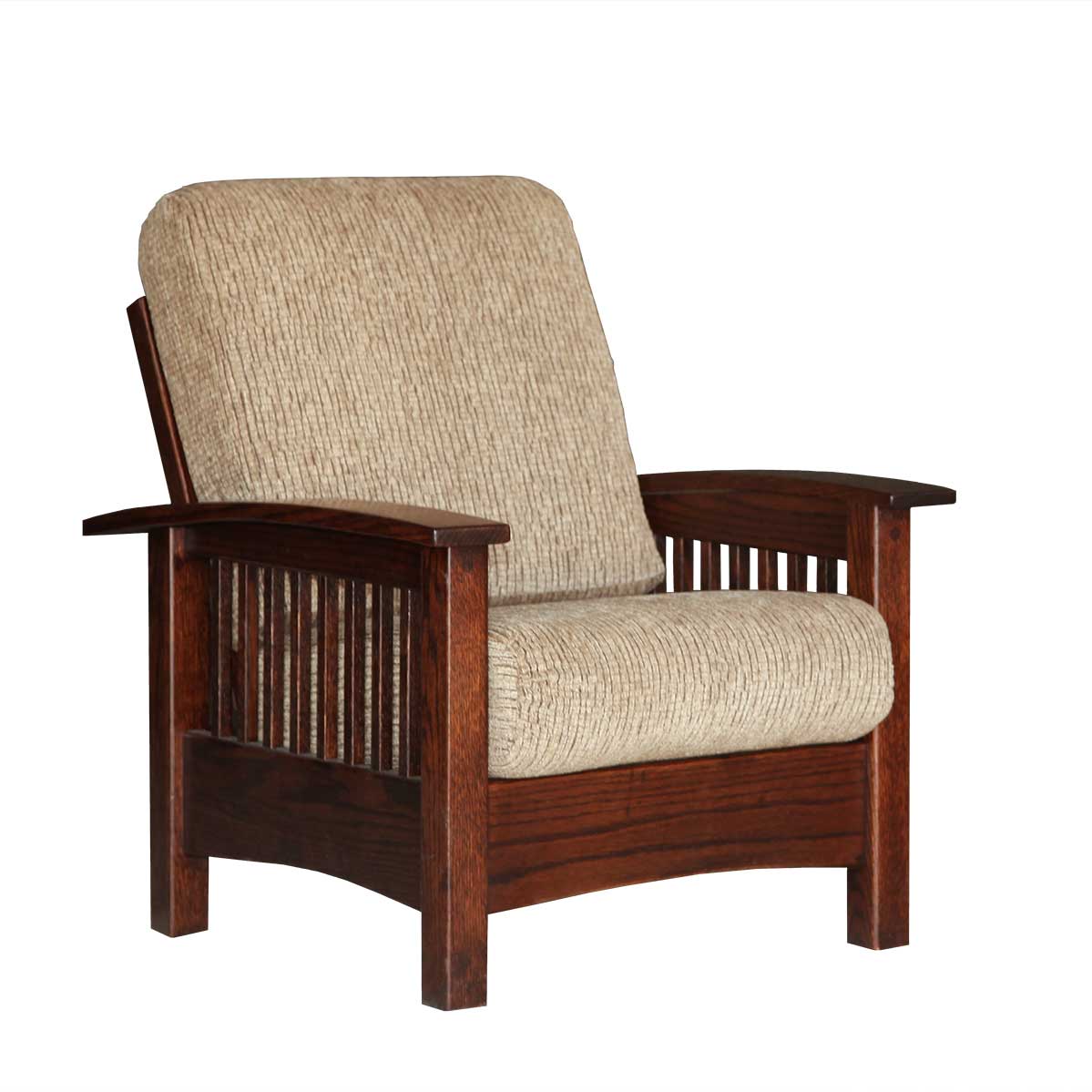 Dark stained mission Morris chair with beige chenille cushions, spindle sides and wide flat arms on white