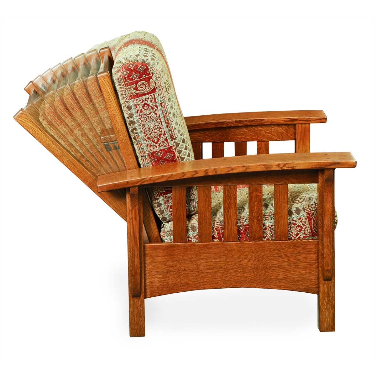 Side view of an oak Morris chair with the back cushion shown adjusting through several recline positions
