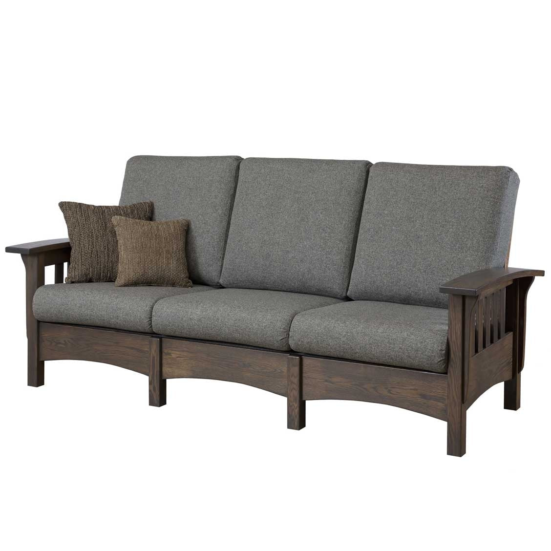 Dark stained mission sofa with slate gray cushions, brown accent pillows and slatted sides on white