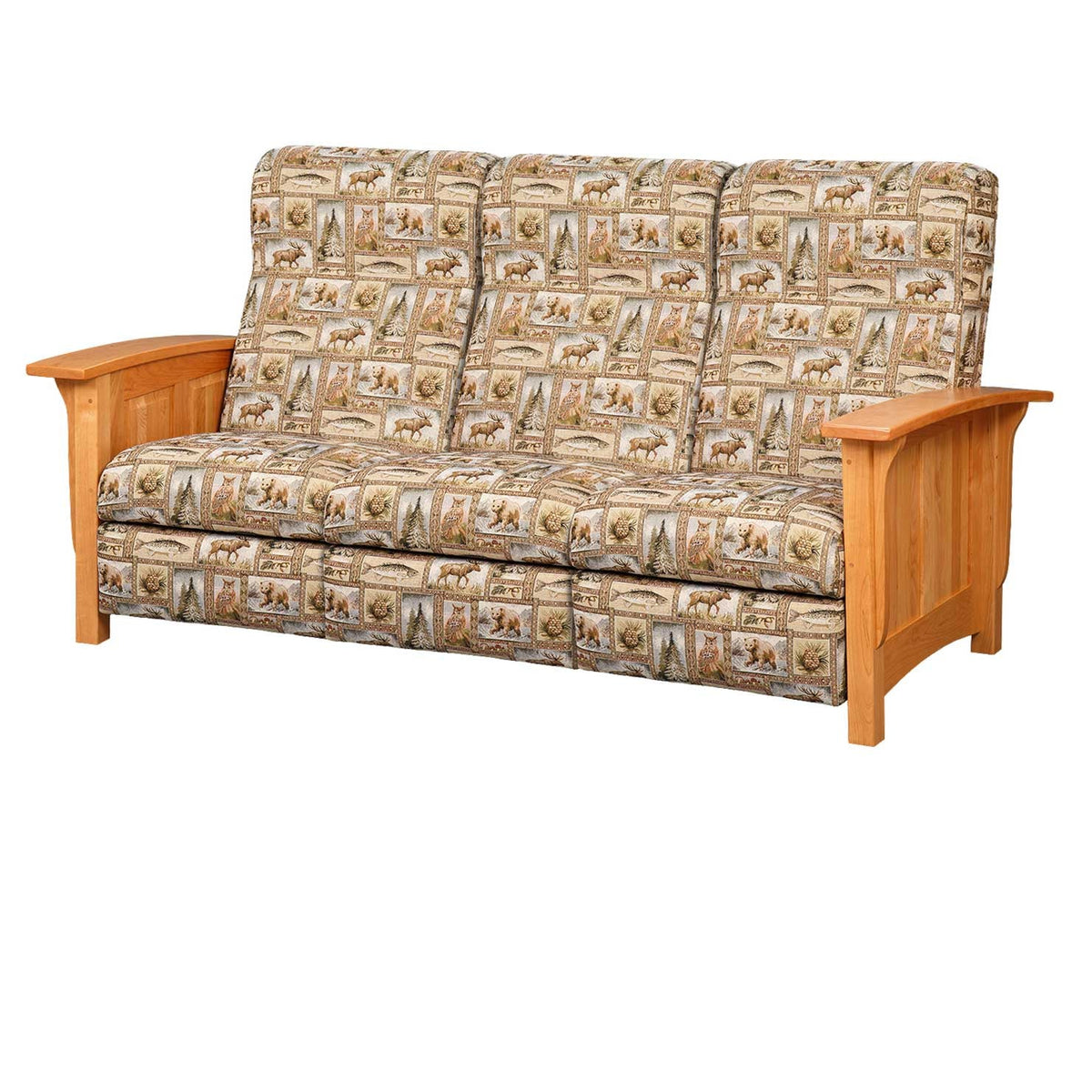 Paneled mission reclining sofa upholstered in a rustic wildlife tapestry with light oak arms and panel sides