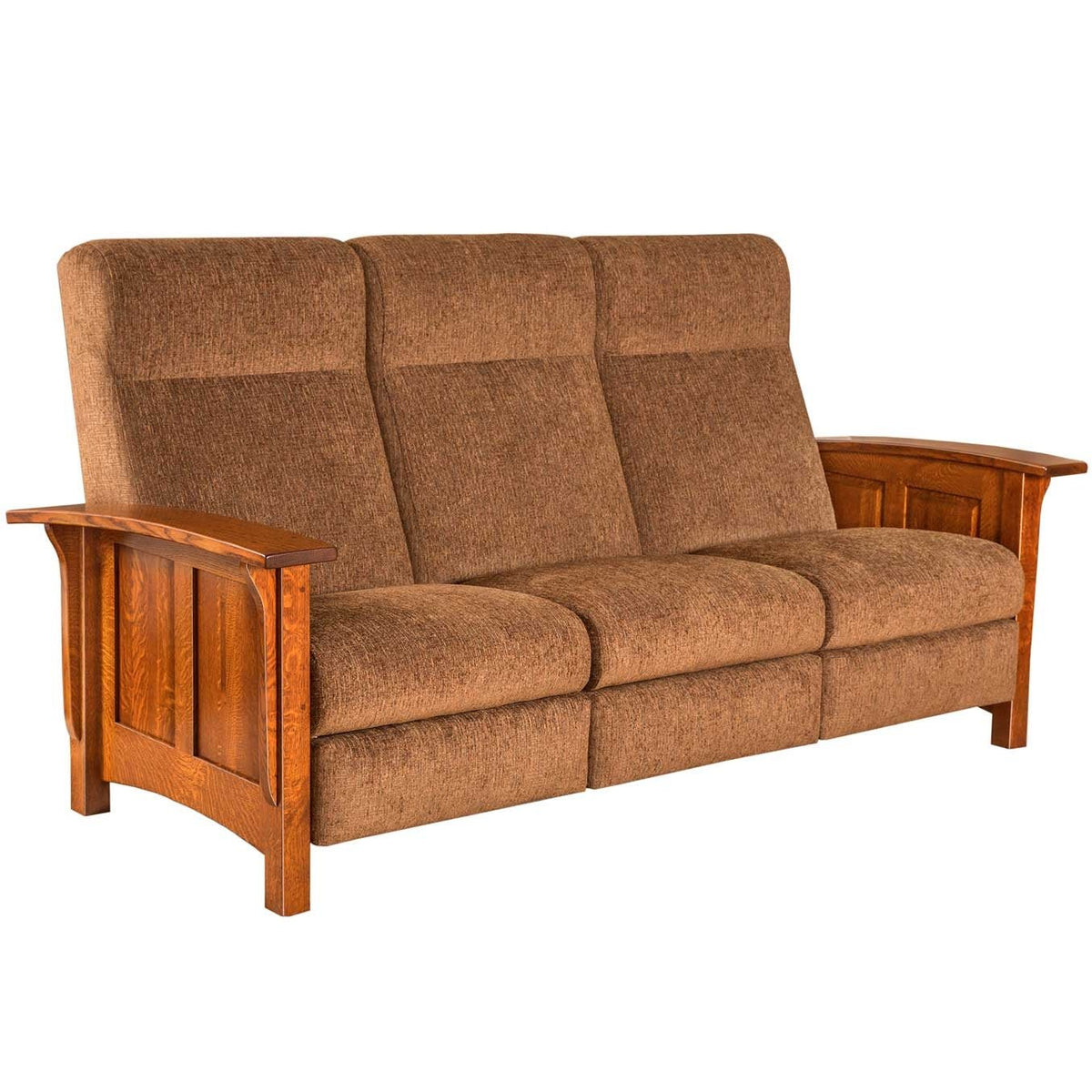 Cherry frame reclining sofa with brown chenille cushions, paneled arms and hidden footrests, on white