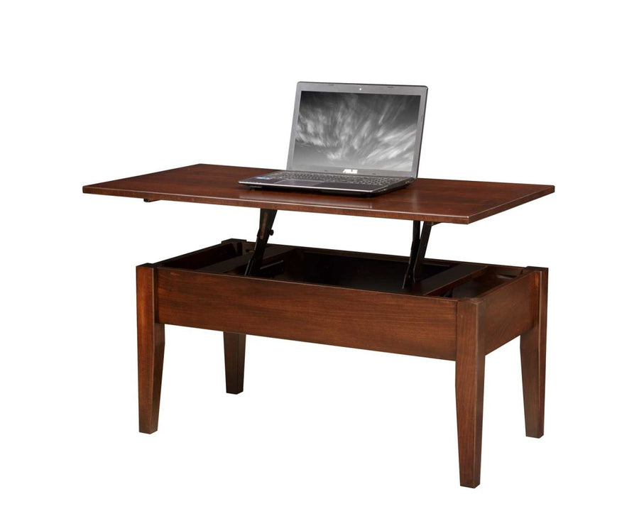 Shaker lift top coffee table in cherry finish with the top lifted to laptop height, showing hidden storage box and tapered legs