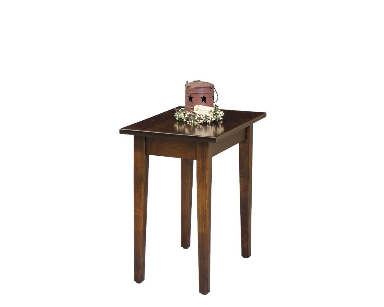 White painted Shaker petite end table with a cherry-stained top, square legs and slim apron, styled with a brass lamp and plant