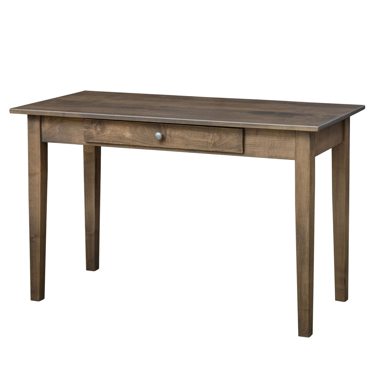 Weathered gray stained Shaker writing desk with a single drawer and round knob, angled view on a white background