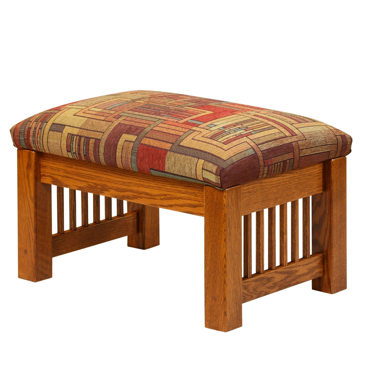 Oak Mission footstool topped with a multicolor patchwork tapestry cushion above slatted side panels
