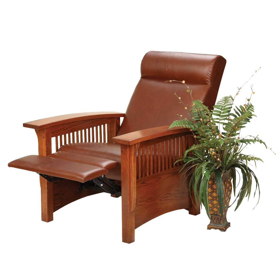 Oak Mission leather recliner shown reclined with footrest extended, slat side panels and a fern planter alongside