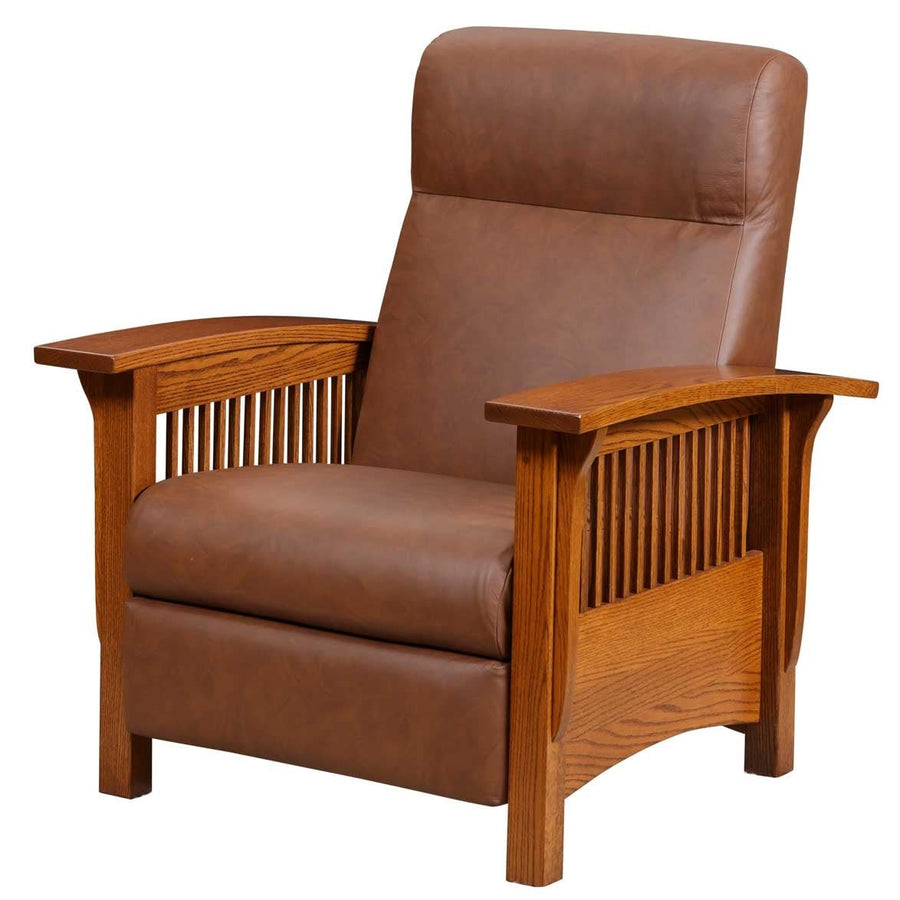 Brown leather wood frame recliner with quartersawn oak spindle side panels, curved arms and arched front rail