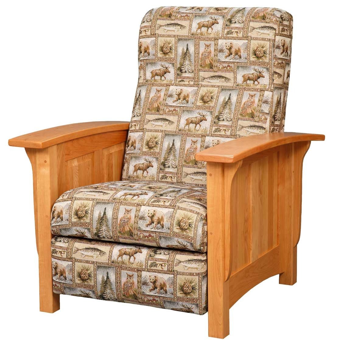 Light oak recliner upholstered in a north woods lodge print with moose, bear and pine tree squares and paneled sides