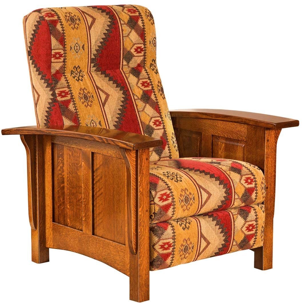 Quartersawn oak recliner in a red and gold southwest blanket print fabric with paneled sides and curved arms