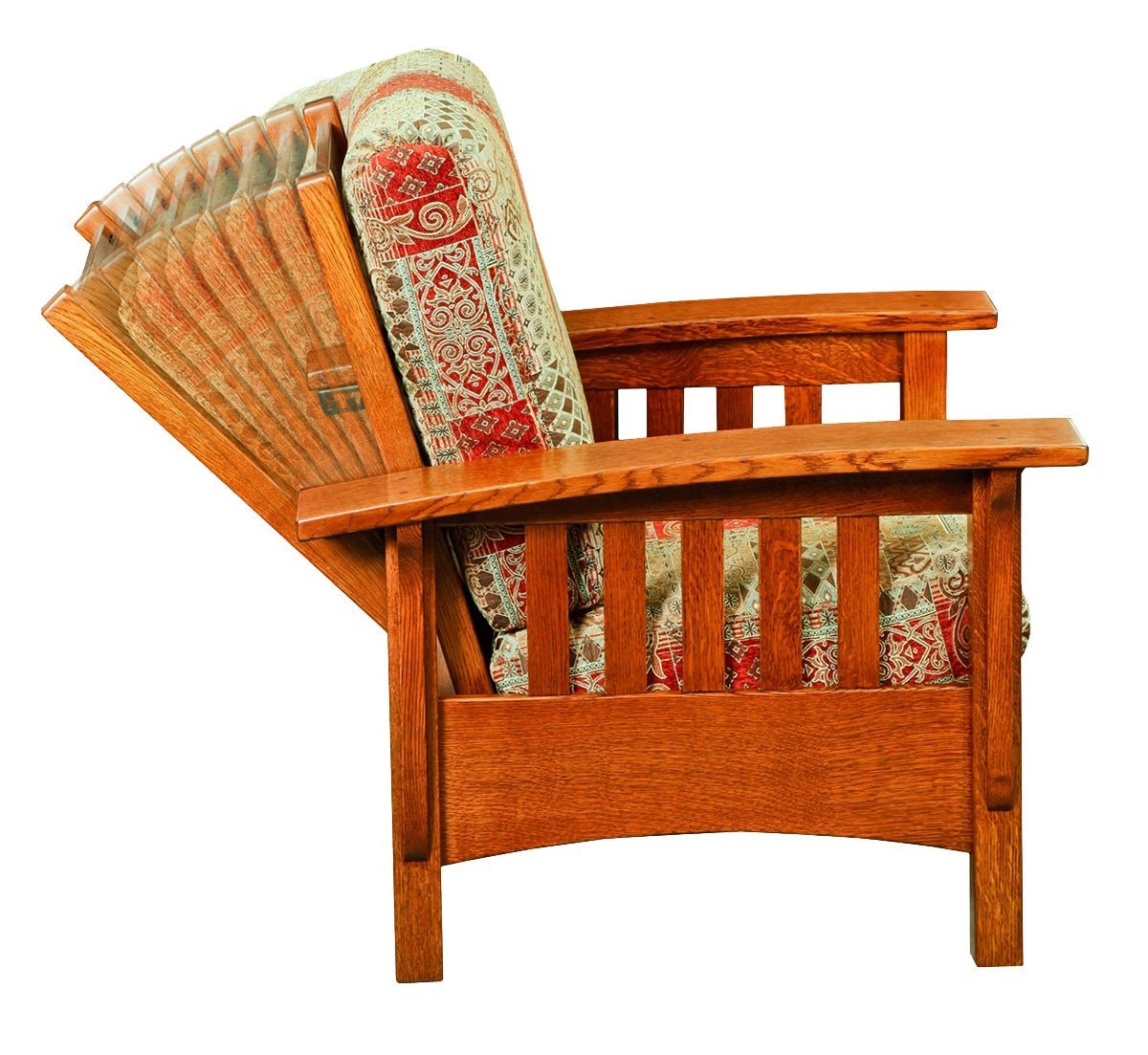 Side view diagram of a quartersawn oak Morris recliner showing multiple back reclining positions and slatted arm